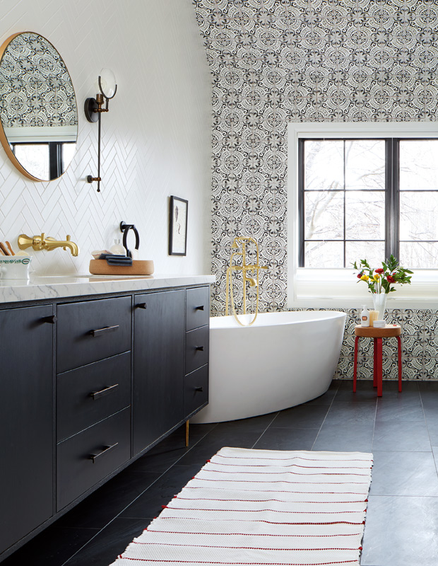 Beautiful bathrooms with an intricate tile accent wall