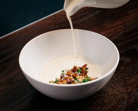 Parmigiano Soup with Shallots, bacon and Breadcrumbs