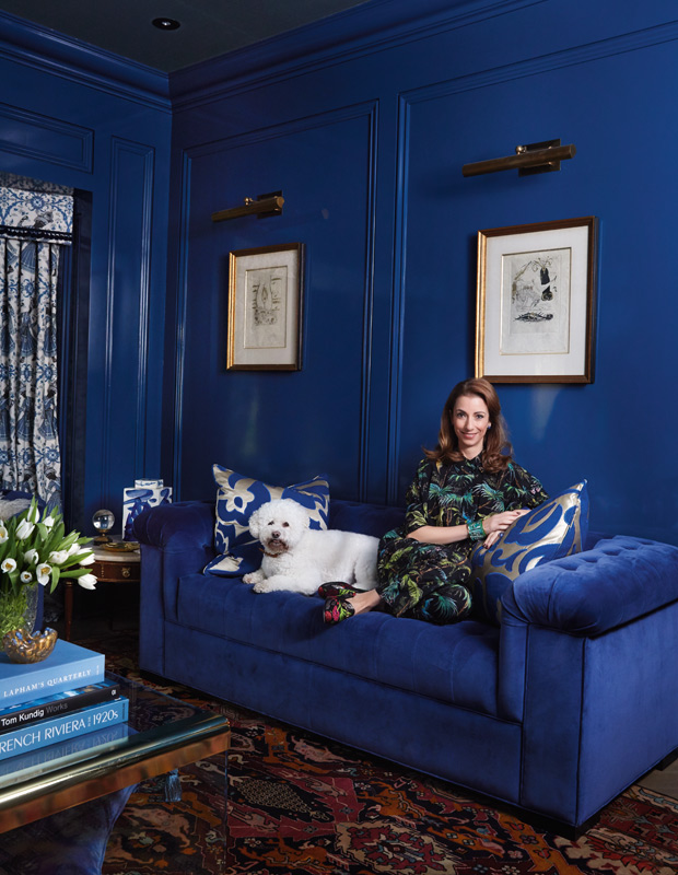 Color crush cobalt blue den walls and sofa