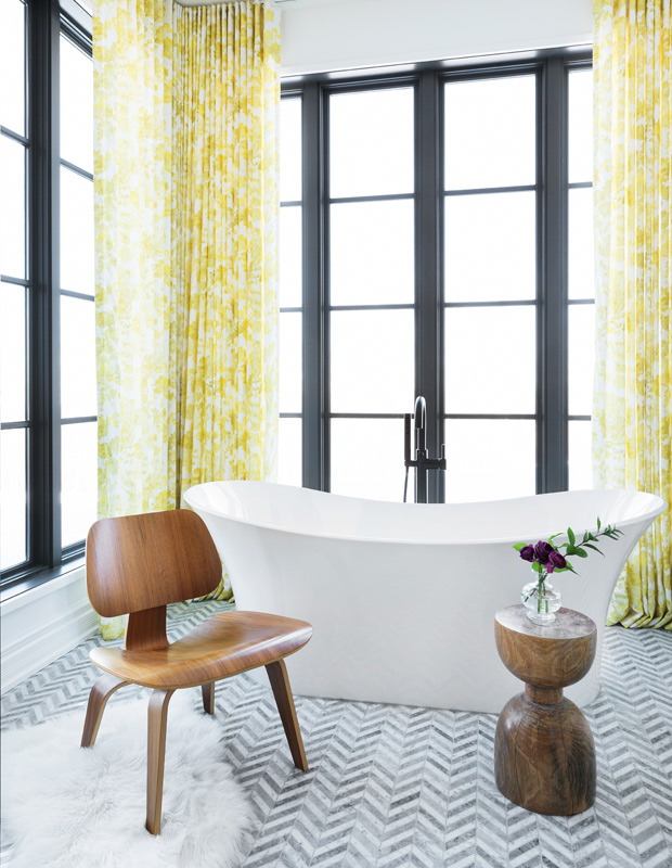 Beautiful bathrooms with sunshine yellow curtains and a graphic black panels