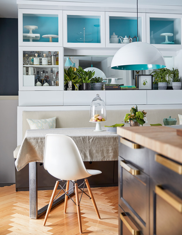 Kitchen of the month blue and white kitchen banquette