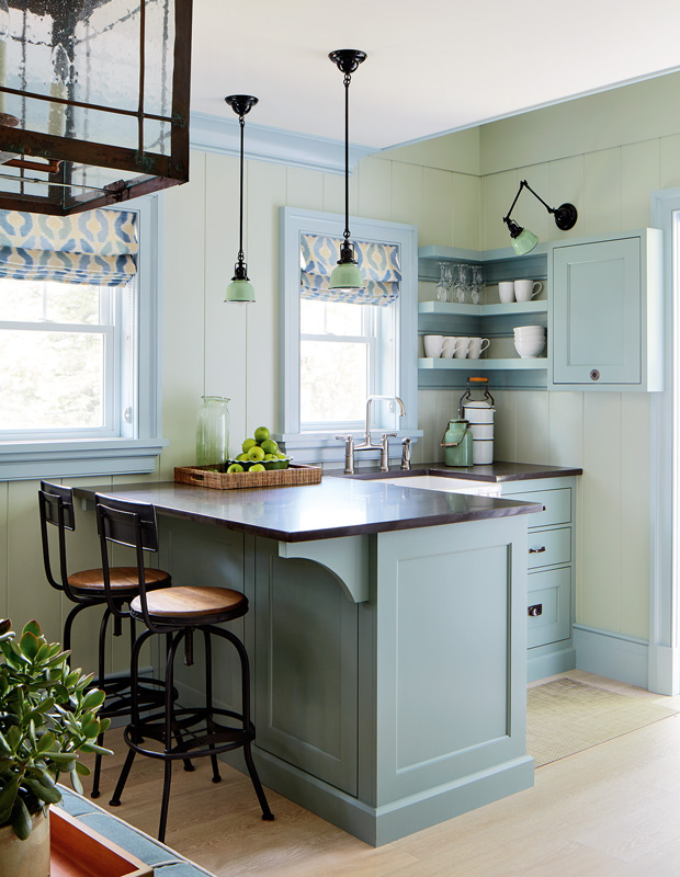 Colorful kitchens muted green-blue cabinets