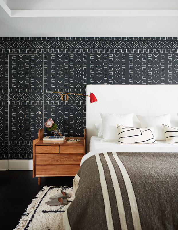 Montana Burnett Toronto home bedroom with graphic wallpaper