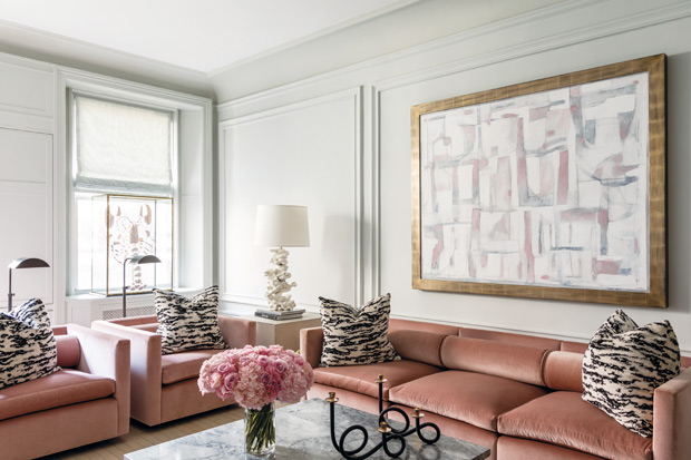 Ryan Korban luxurious living blush velvet sofas