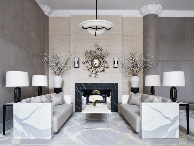 Ryan Korban luxurious living lobby with marble seating