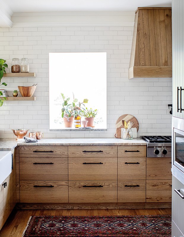 Kyla Bidgood century home kitchen with natural wood cabinets