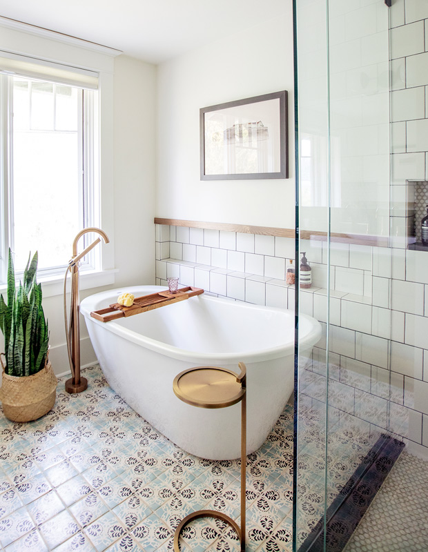 Kyla Bidgood century home master bathroom with gorgeous European-inspired tile floors
