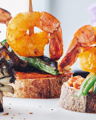 Pintxos of Grilled Shrimp, Mushroom, Leek and Romesco