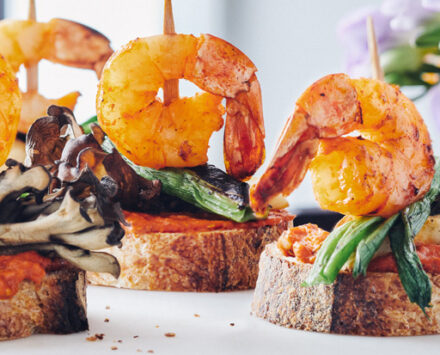 Pintxos of Grilled Shrimp, Mushroom, Leek and Romesco