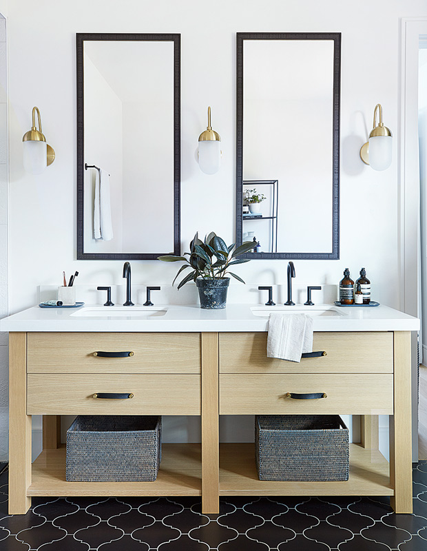 Cameron MacNeil country home principal bathroom with a double vanity in a breezy blonde wood