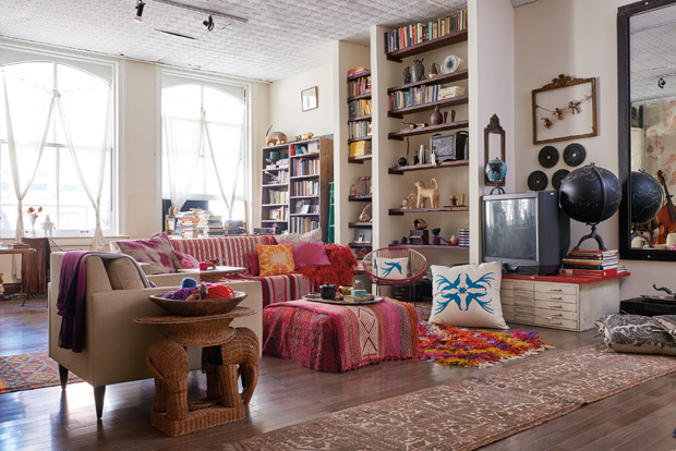 Global style layered living room with tapestries