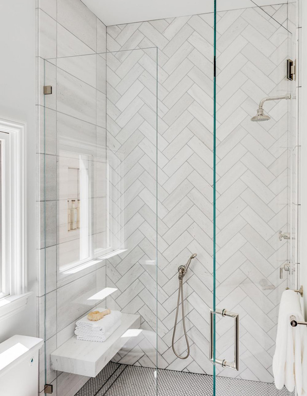 Full House shower with herringbone tile