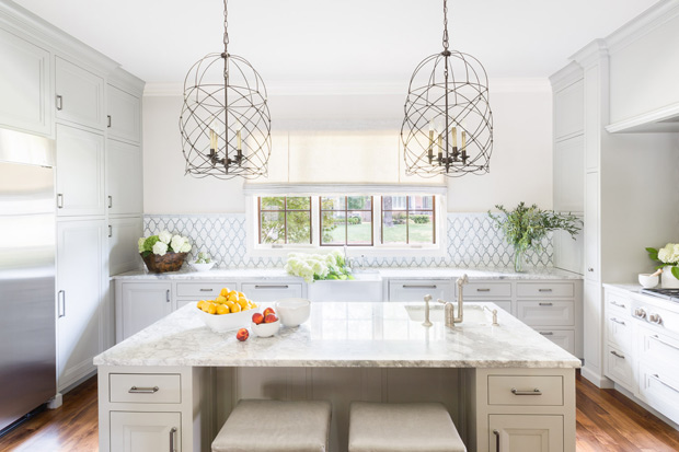 Bailey Austin Southern home kitchen with airy pendants and accessible cabinetry