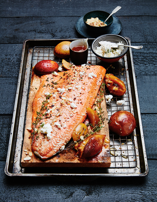Ned Bell’s Planked Wild Salmon With Nectarines, Thyme, Honey, Almonds And Ricotta