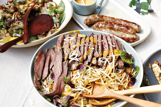 Flank Steak With Bean Sprouts And Kimchi-Miso Dressing