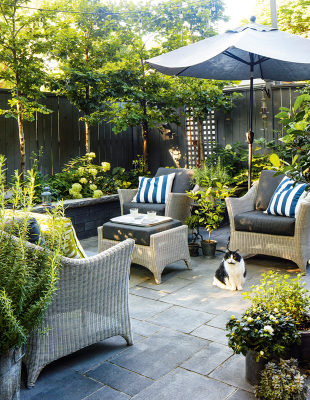 Jennifer Stewart garden with cozy seating area and cat
