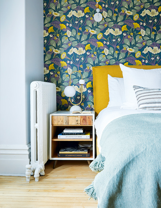 Colourful Montreal Home statement wallpaper in the principal bedroom