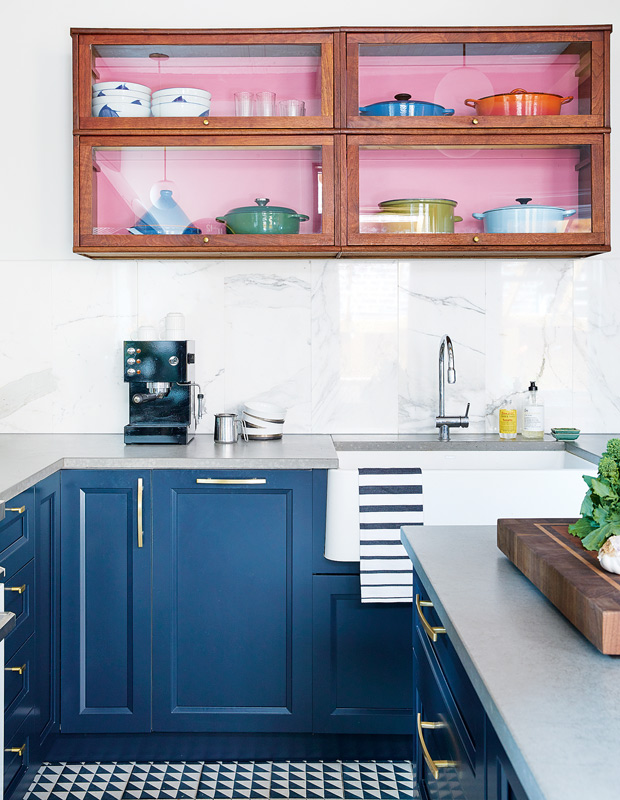 Colourful Montreal Home wooden shelves with pink interiors