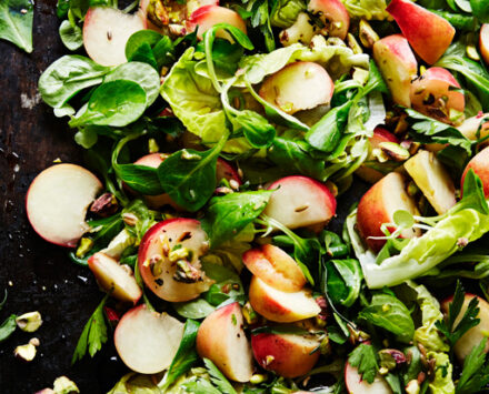 Pickled peach salad with pistachios and parsley