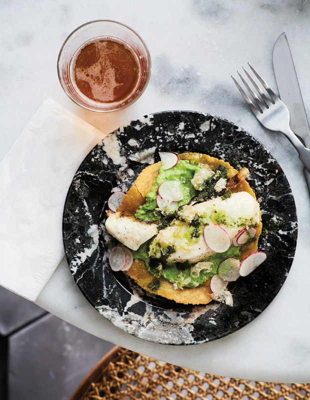 Fish Tostadas With Sweet Pea Purée And Radishes