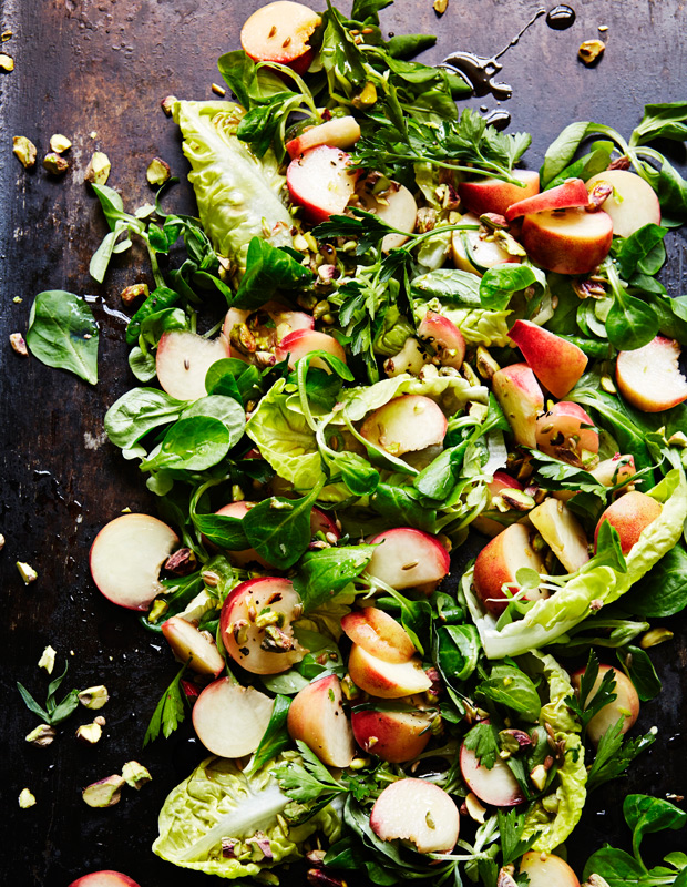 Pickled peach salad with pistachios and parsley