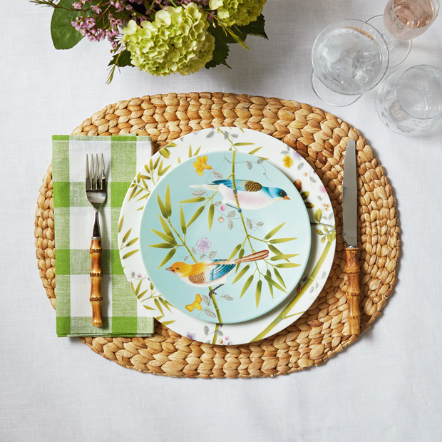 Summer table setting botanical and bird plate with woven placemat