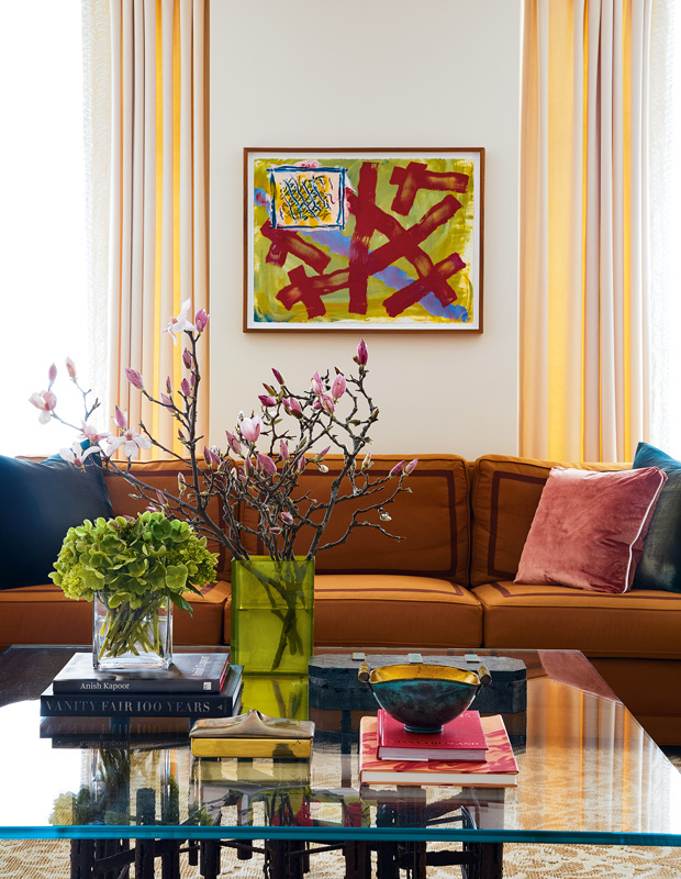 Colette Van Den Thillart condo living room with custom sofa in a rich cognac cotton material