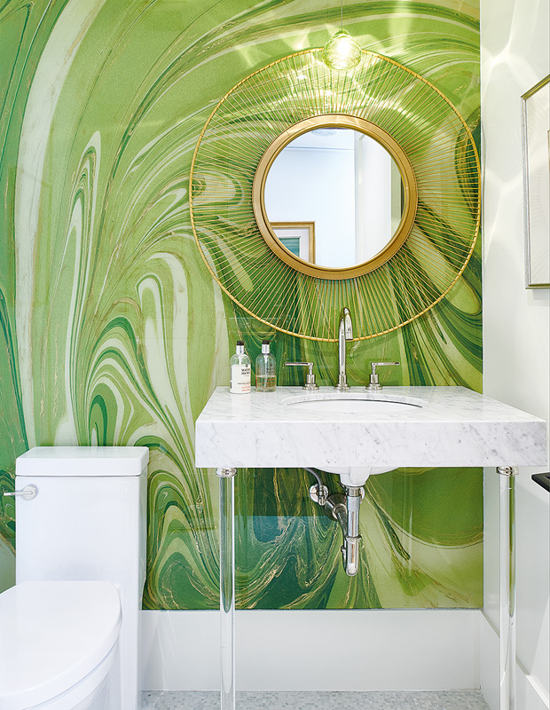 Powder room with a resin-coated wall painting