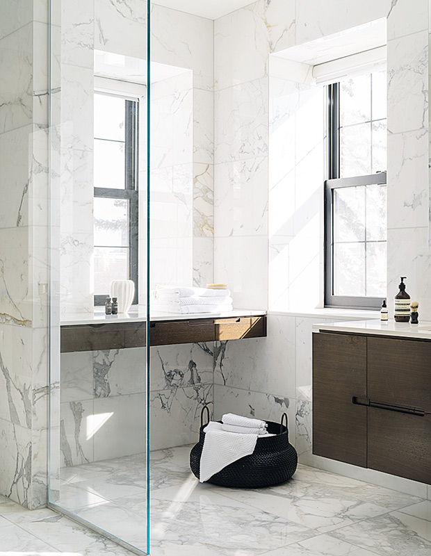 contemporary graphic bathroom marble shower and vanity