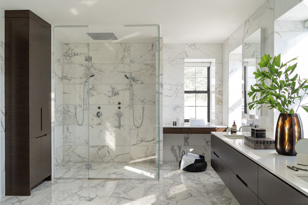 contemporary graphic bathroom with marble shower