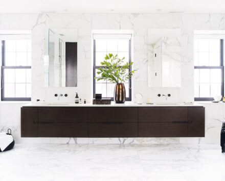contemporary graphic bathroom with light and dark contrast