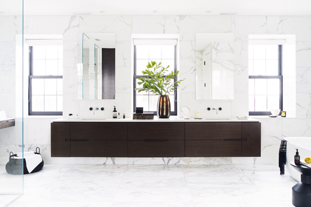 contemporary graphic bathroom with light and dark contrast