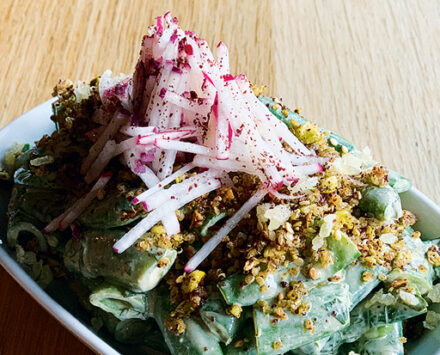 Sugar Snap Pea Salad With Pistachio Tahini, Radishes and Crispy Quinoa