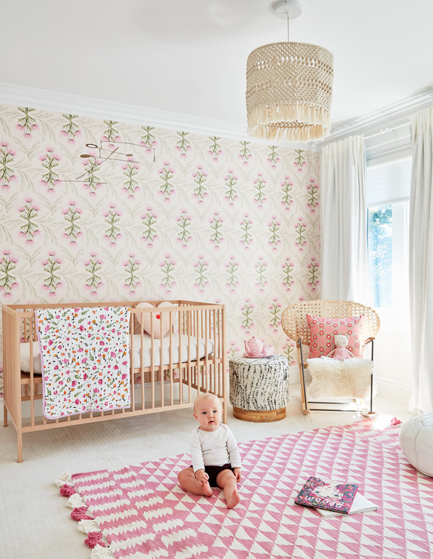 best rooms nursery with floral wallpaper and a breezy pendant
