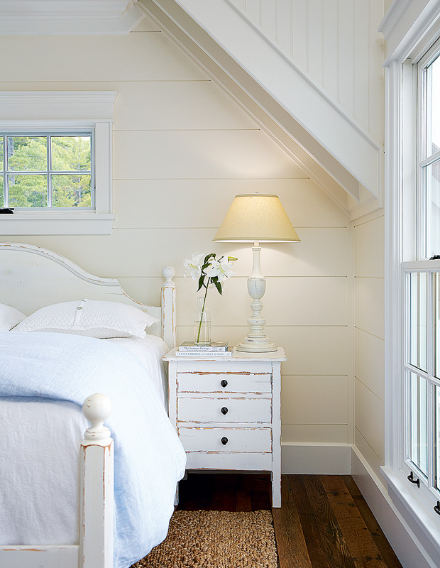 new-build Muskoka boathouse all-white bedroom