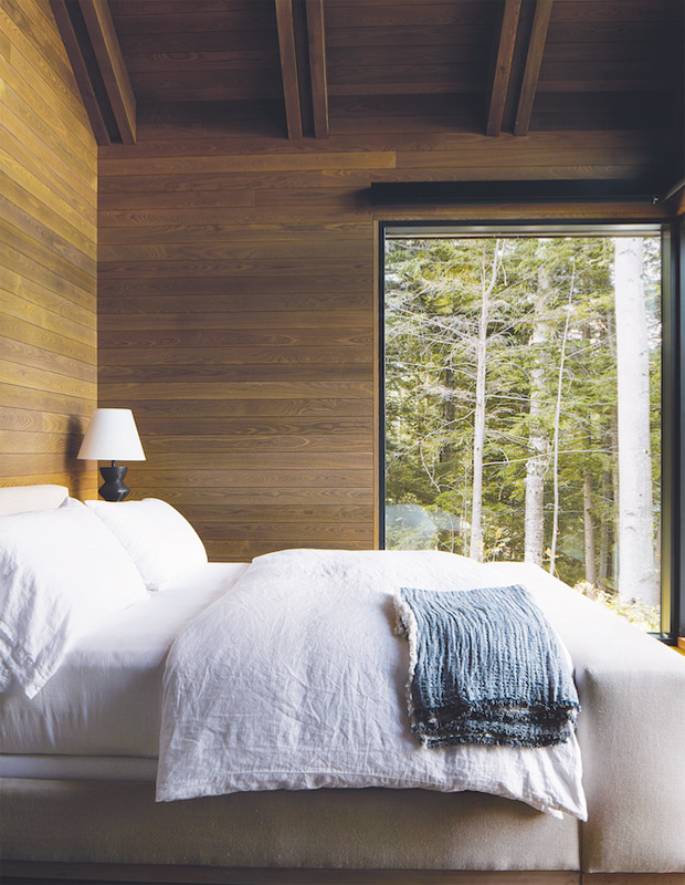 contemporary, nature-inspired cottage bedroom with wooden walls