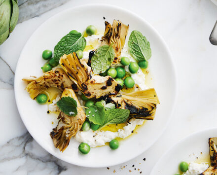 Grilled Artichokes, Peas And Stracciatella