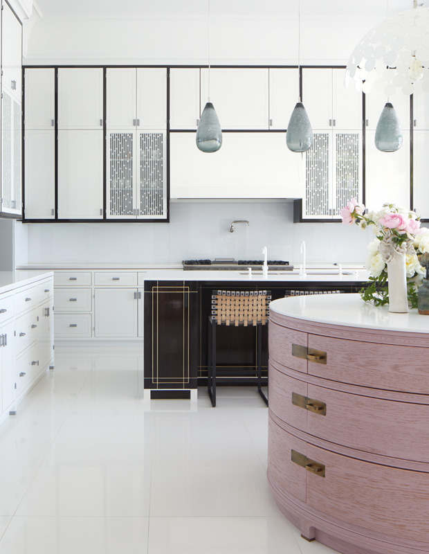 Hollywood Regency-inspired kitchen with two islands