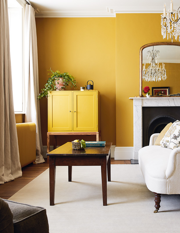color crush ochre wall and cabinet