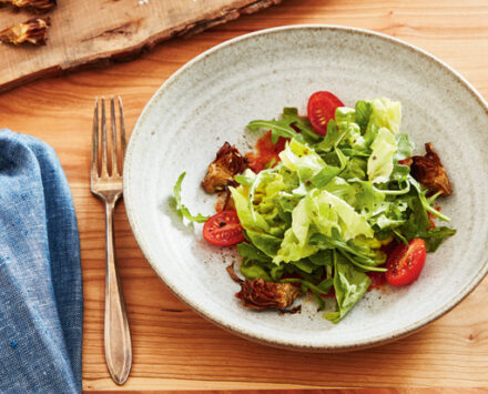 Crispy Artichoke Salad With Tomato & Roasted Red Pepper Fondue
