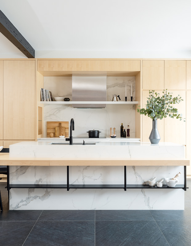 modern scandi kitchen with tall maple cabinets