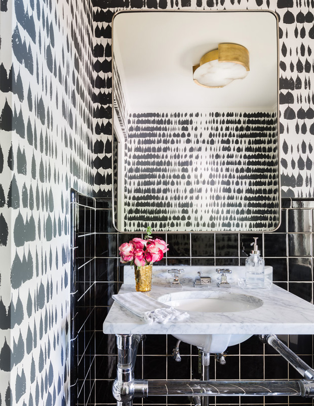Mel Bean formal, yet comfortable design powder room with striking wallpaper