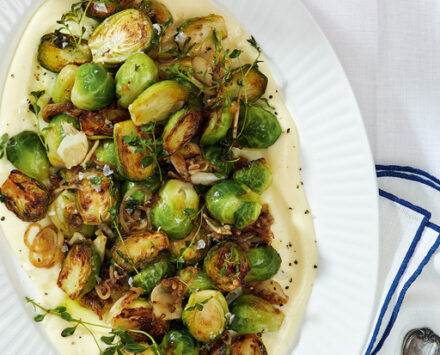 charred brussels sprouts on parmesan cream