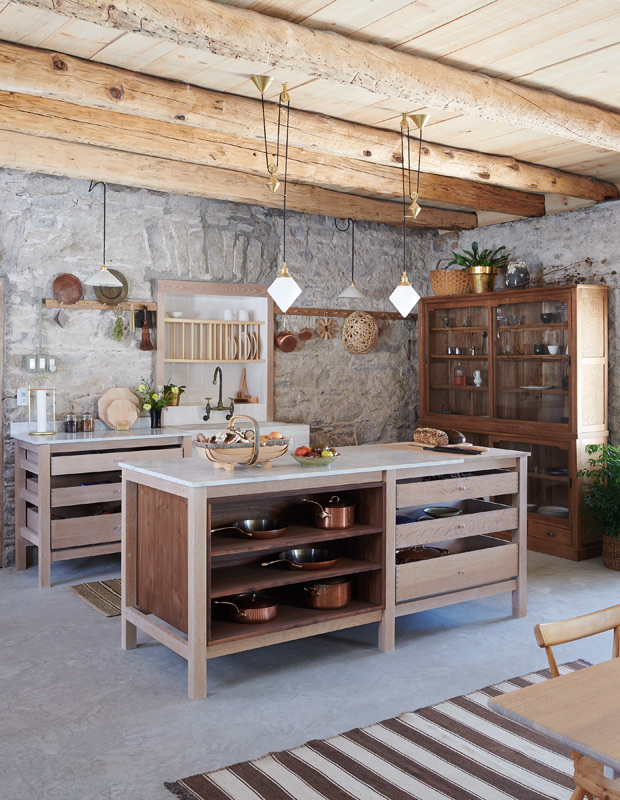 Mjölk country home kitchen island with open shelving