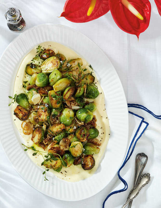 charred brussels sprouts on parmesan cream