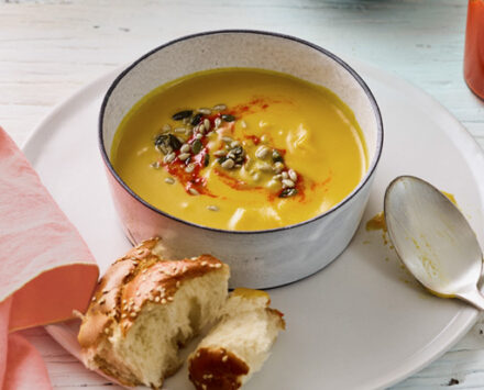 Marak Katom (Orange Soup) with Crunchy Seeds and Harissa