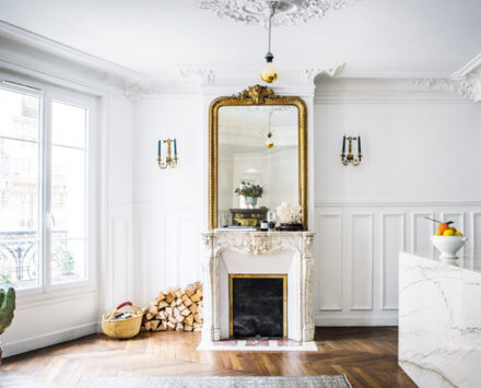 Jackie Kai Ellis Paris apartment main living space with fireplace