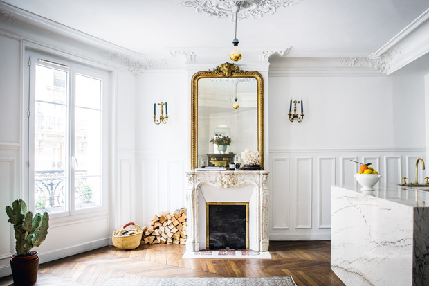 Jackie Kai Ellis Paris apartment main living space with fireplace
