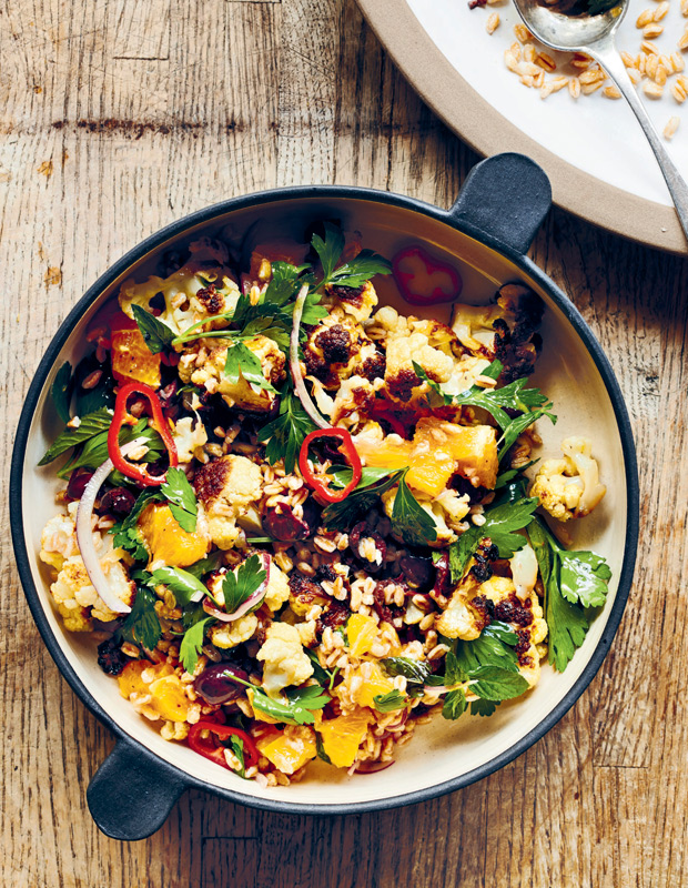 grains with roasted cauliflower, black olives and oranges