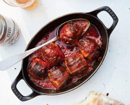 bacon-wrapped, chorizo-stuffed dates